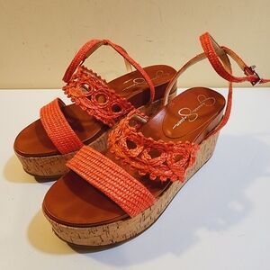 Jessica Simpson CALLRI Wrap Ankle coral straw Wedges size 9M